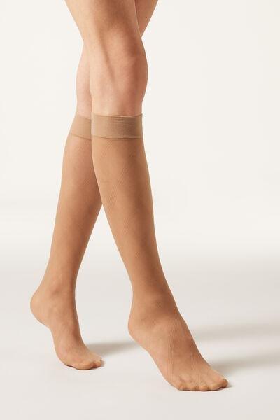 Beige Diamond-Patterned Sheer Knee-High Socks, 5501_5474, large image number 0