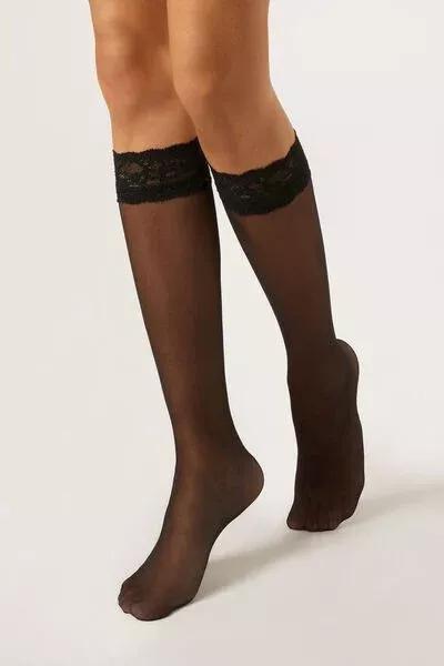 20 Denier Sheer Knee-High, Black, Flounce Black Lace, medium