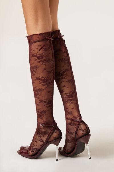Burgundy Knee High Lace Socks, 5501_142F, medium