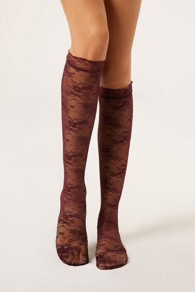 Burgundy Knee High Lace Socks, 5501_142F, medium