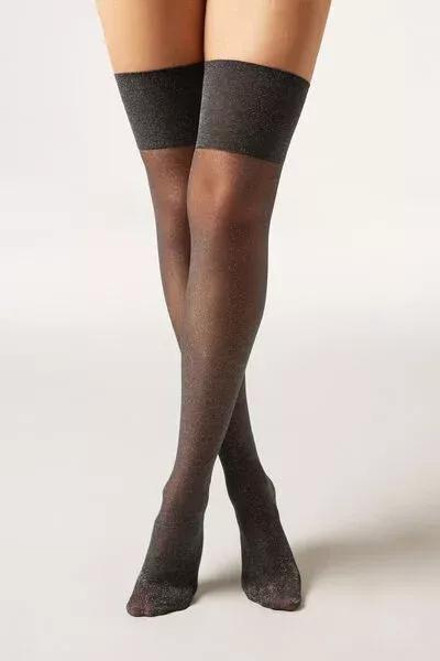 20 Denier Glitter Over-The-Knee Sheer Socks, Black/Silver, 5501_5514, large image number 0