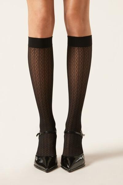 Black Diamond-Patterned Knee-High-Socks, Vertical Black Diamonds, large image number 0
