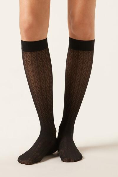 Black Diamond-Patterned Knee-High-Socks, Vertical Black Diamonds, medium