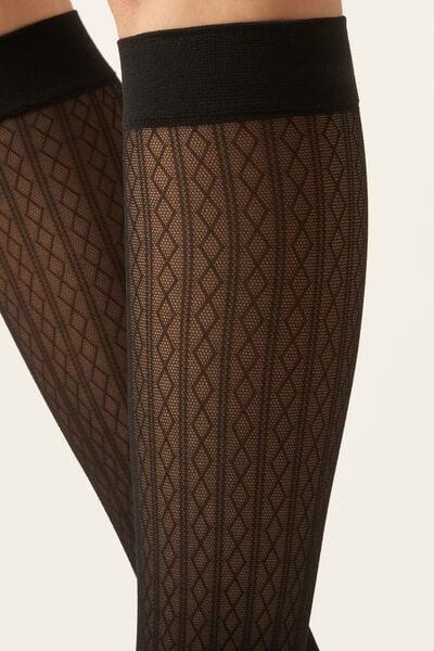 Black Diamond-Patterned Knee-High-Socks, Vertical Black Diamonds, medium