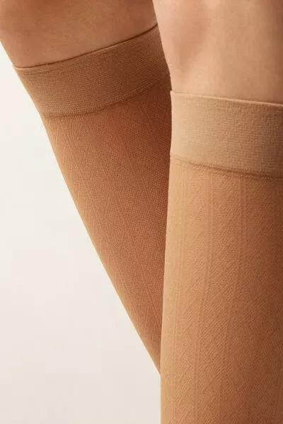 Beige Diamond-Patterned Knee-High-Socks, 5501_5513, large image number 1
