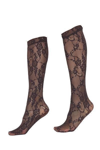 Black Floral Lace Knee-High Cotton Socks, 5501_095F, large image number 0