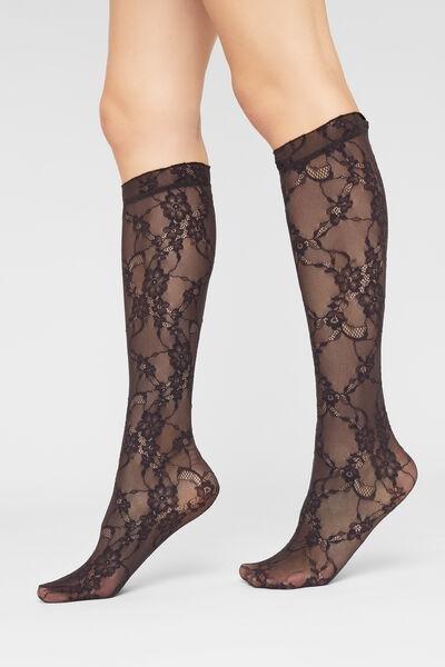Black Floral Lace Knee-High Cotton Socks, 5501_095F, medium