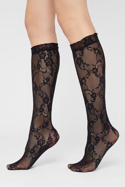 Brown Floral Lace Knee-High Socks, 5501_171F, large image number 1