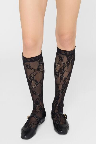 Brown Floral Lace Knee-High Socks, 5501_171F, large image number 3