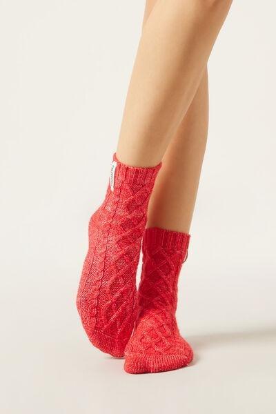 Red Cable-Patterned Slipper Socks, 5501_364D, large image number 1