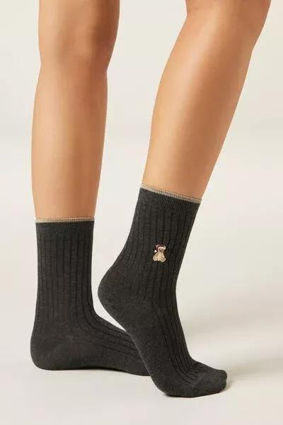 Grey Christmas Teddy Print Cashmere Socks, 5501_479D, large image number 0