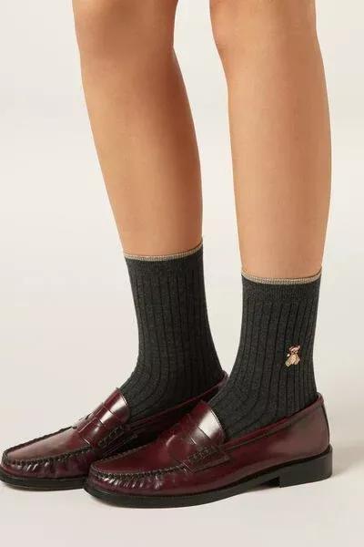 Grey Christmas Teddy Print Cashmere Socks, 5501_479D, large image number 1