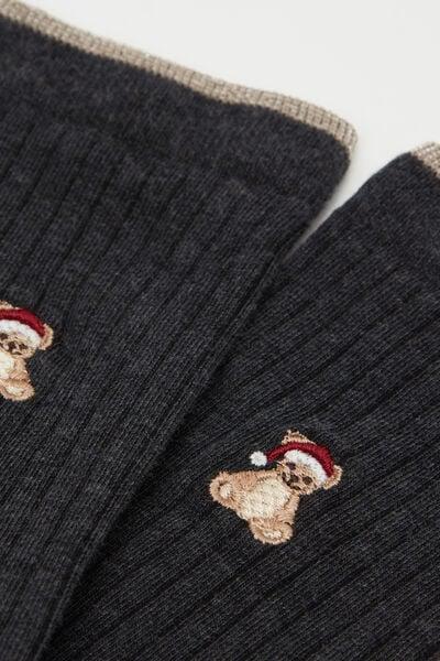 Grey Christmas Teddy Print Cashmere Socks, 5501_479D, large image number 2