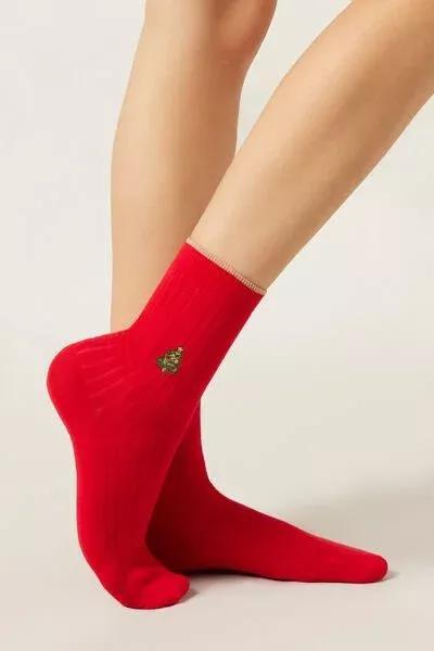 Red Christmas Tree Print Cashmere Socks, 5501_480D, large image number 0