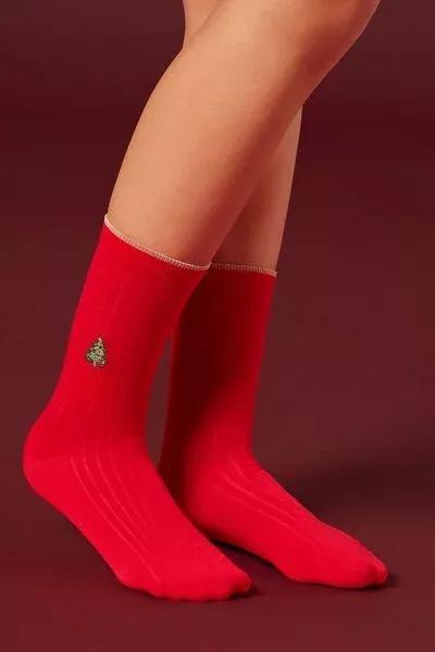 Red Christmas Tree Print Cashmere Socks, 5501_480D, large image number 1