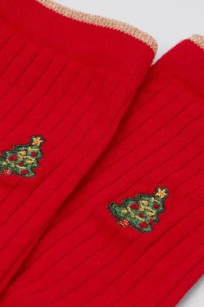 Red Christmas Tree Print Cashmere Socks, 5501_480D, large image number 2