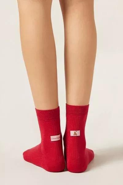 Red Christmas Glittered Teddy Print Cashmere Socks, 5501_481D, large image number 0
