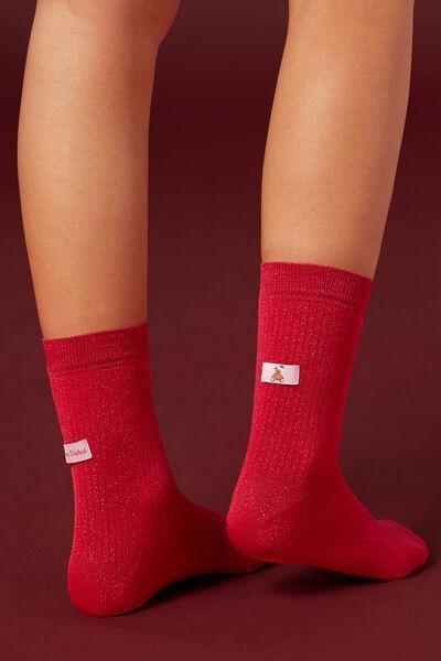 Red Christmas Glittered Teddy Print Cashmere Socks, 5501_481D, large image number 1