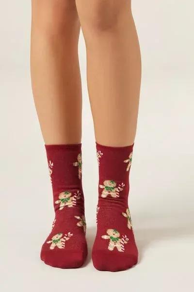 Red Christmas Gingerbread Print Cashmere Socks, 5501_483D, large image number 0