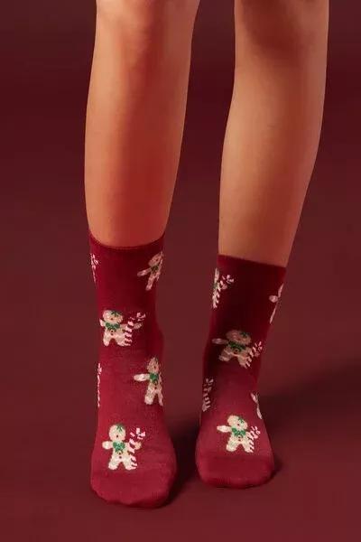 Red Christmas Gingerbread Print Cashmere Socks, 5501_483D, large image number 1