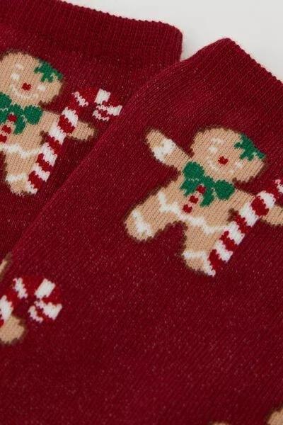 Red Christmas Gingerbread Print Cashmere Socks, 5501_483D, medium