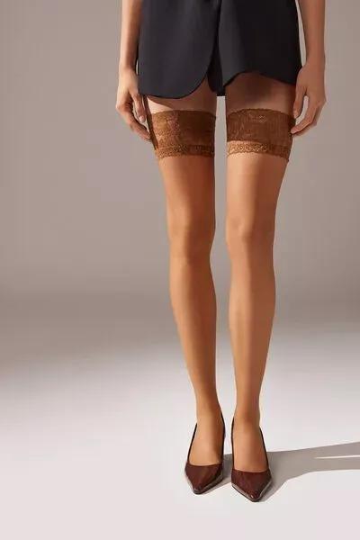 20 Denier Lace-Trimmed Stockings, Beige, Natural Tropical, large image number 1