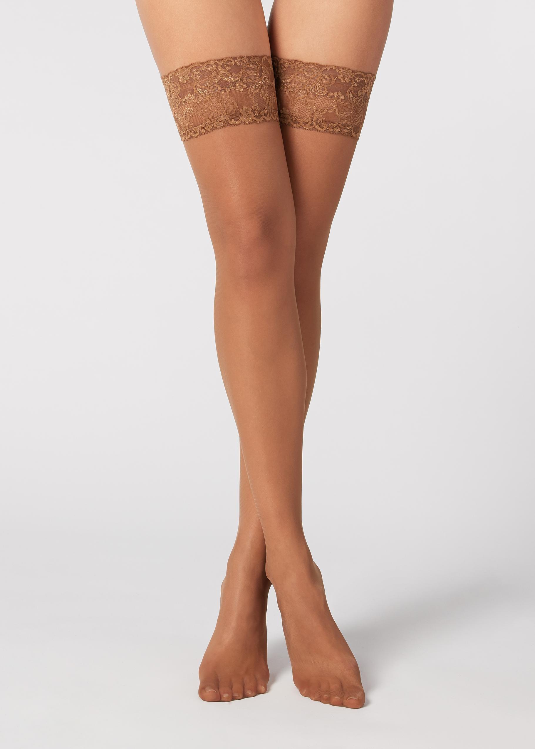 20 Denier Lace-Trimmed Stockings, Beige, , large image number 2