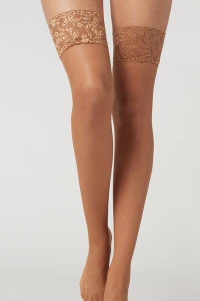 20 Denier Lace-Trimmed Stockings, Beige, , large image number 0