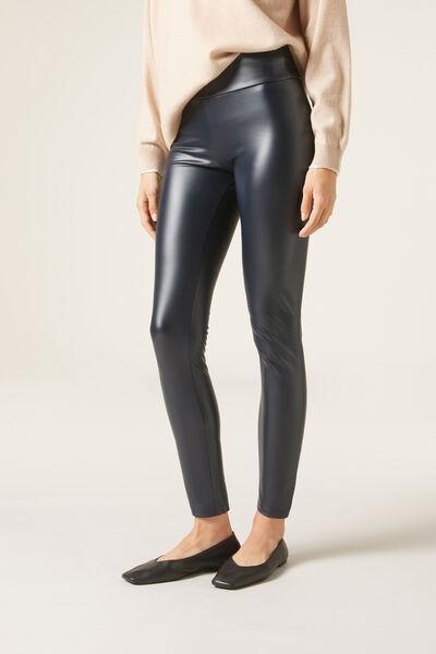 Navy Thermal Leather Effect Leggings, , large image number 0