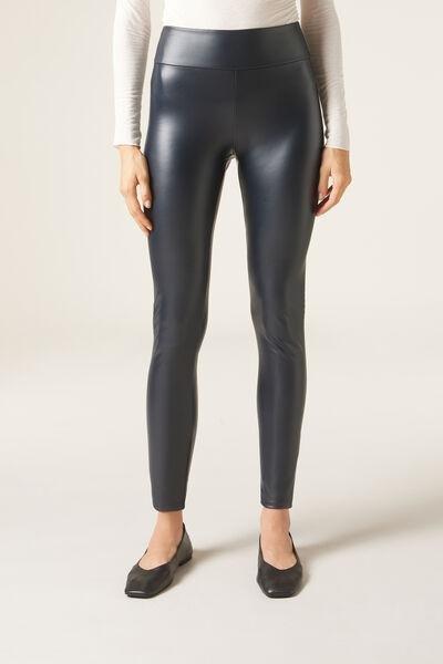 Navy Thermal Leather Effect Leggings, , large image number 1
