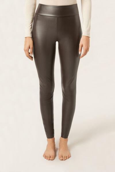 Brown Thermal Leather Effect Leggings, 5501_110F, large image number 1