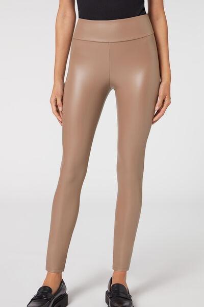 Beige Leather Effect Leggings, , large image number 1