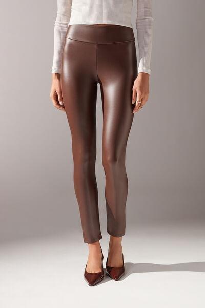Sexy Ladies Bodycon-Fit Thermal Leggings Imitation Leather Braun