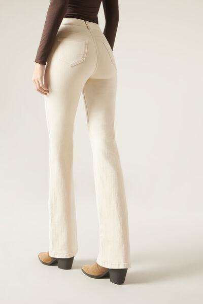 Cream Stretch Flared Jeans, , large image number 0