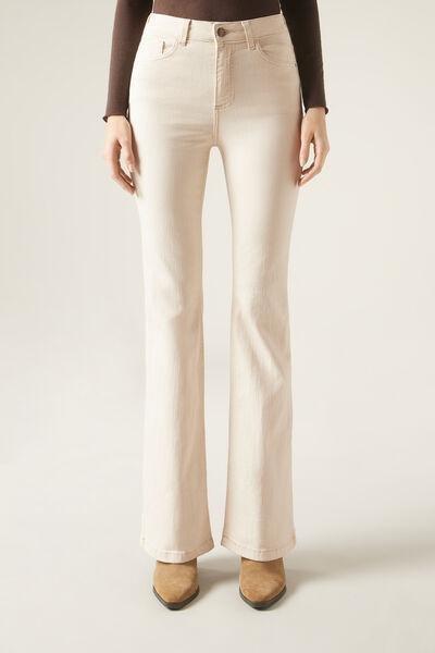 Cream Stretch Flared Jeans, , large image number 1