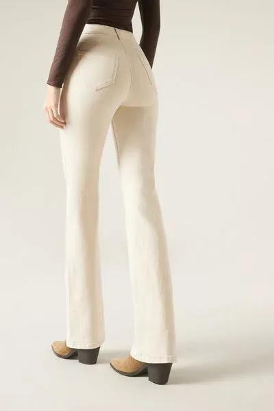 Cream Stretch Flared Jeans, 5501_5225, large image number 4