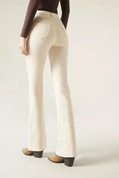 Cream Stretch Flared Jeans, 5501_5225, large image number 5