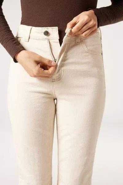 Cream Stretch Flared Jeans, 5501_5225, large image number 6