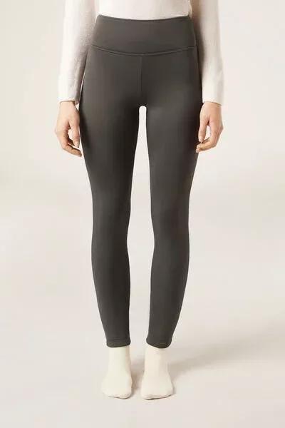 Grey Plush Thermal Cotton Leggings, 5501_157F, large image number 0