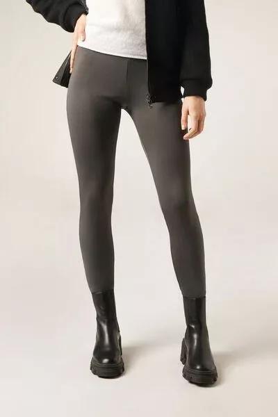 Grey Plush Thermal Cotton Leggings, 5501_157F, large image number 1