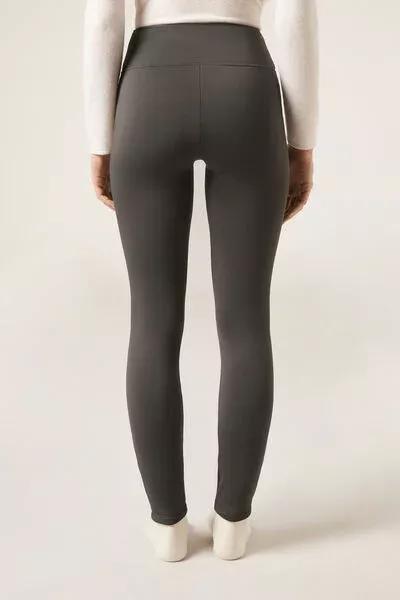 Grey Plush Thermal Cotton Leggings, 5501_157F, large image number 2