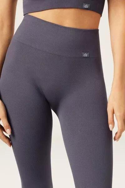 Grey Seamless Cotton Sports Leggings, 5501_830C, large image number 3