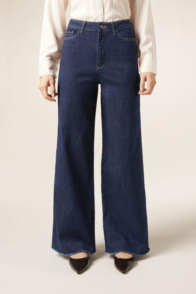 Blue Wide Leg Stretch Jeans, Dark Denim Blue, medium