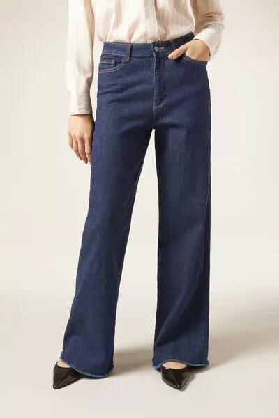 Blue Wide Leg Stretch Jeans, Dark Denim Blue, large image number 1