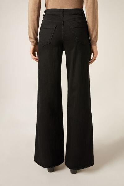 Black Denim Wide Leg Stretch Jeans, Black Denim, large image number 2