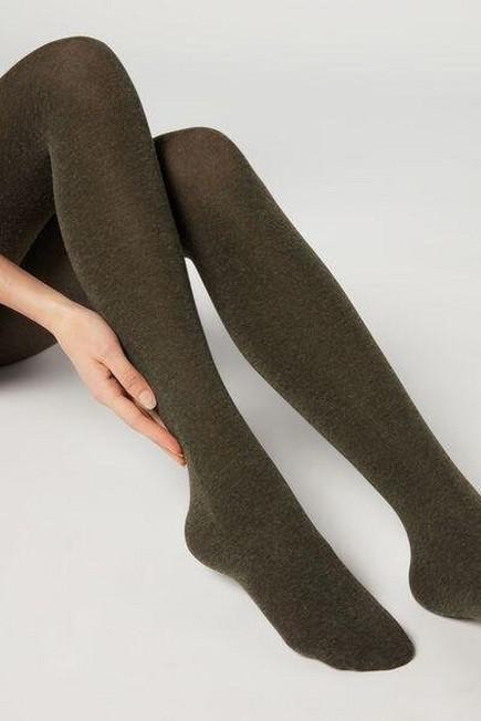 Super-Opaque Cotton Tights, Green, , large image number 0