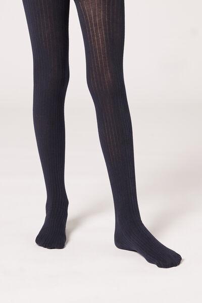 BLUE RIBBED Girls Narrow Rib Cotton Tights, No Colour, large image number 0