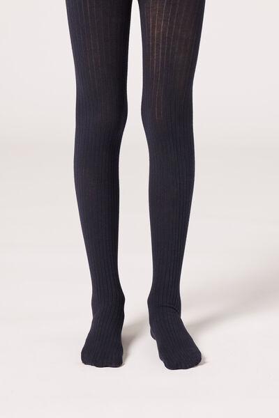 BLUE RIBBED Girls Narrow Rib Cotton Tights, No Colour, large image number 1