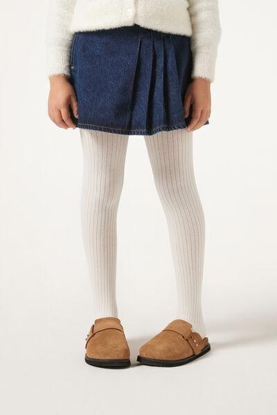 IVORY RIBBED Girls Narrow Rib Cotton Tights, 5501_5331, large image number 0