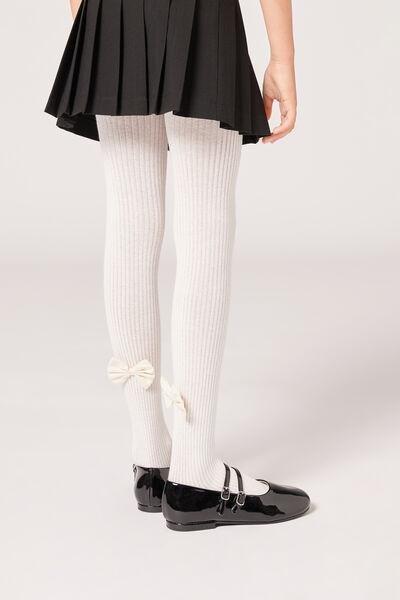 Cream Narrow Rib Cotton Tights, Kids Girl, , medium